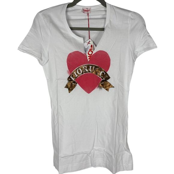 FIORUCCI Logo Shirt Heart Spray Paint Graphic Tee Streetwear Italy Y2K Biker XS - Picture 1 of 6